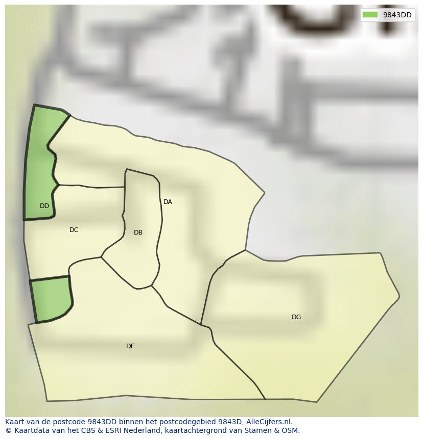 Afbeelding van het postcodegebied 9843 DD op de kaart.