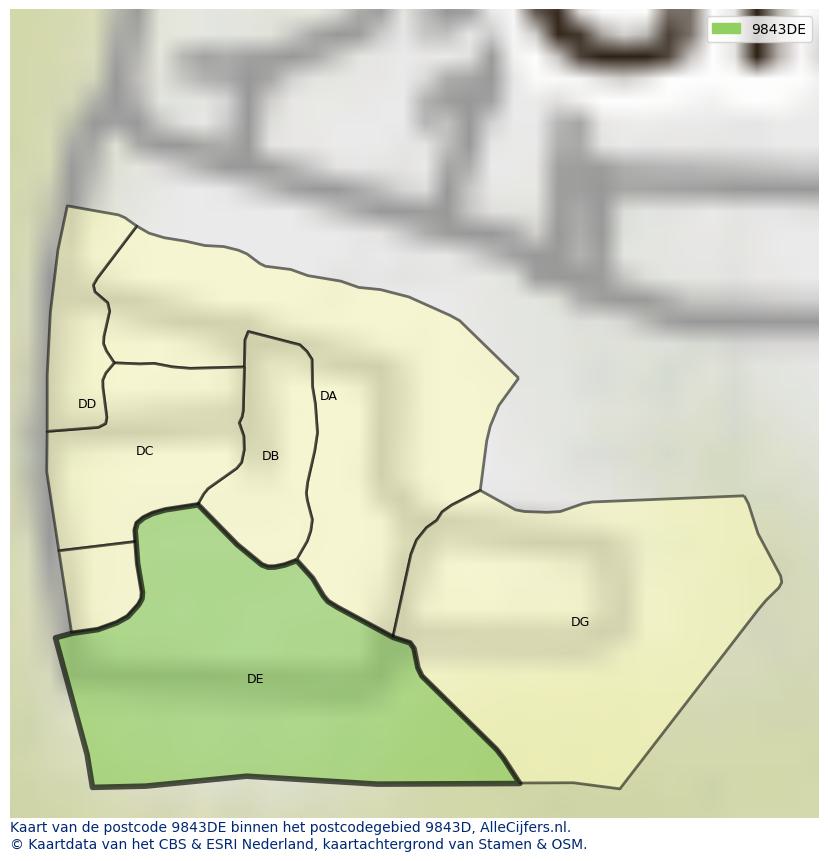 Afbeelding van het postcodegebied 9843 DE op de kaart.
