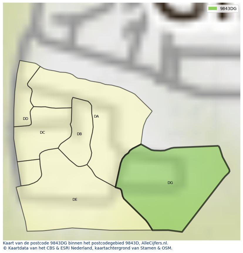 Afbeelding van het postcodegebied 9843 DG op de kaart.