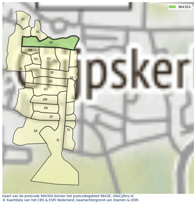 Afbeelding van het postcodegebied 9843 EA op de kaart.