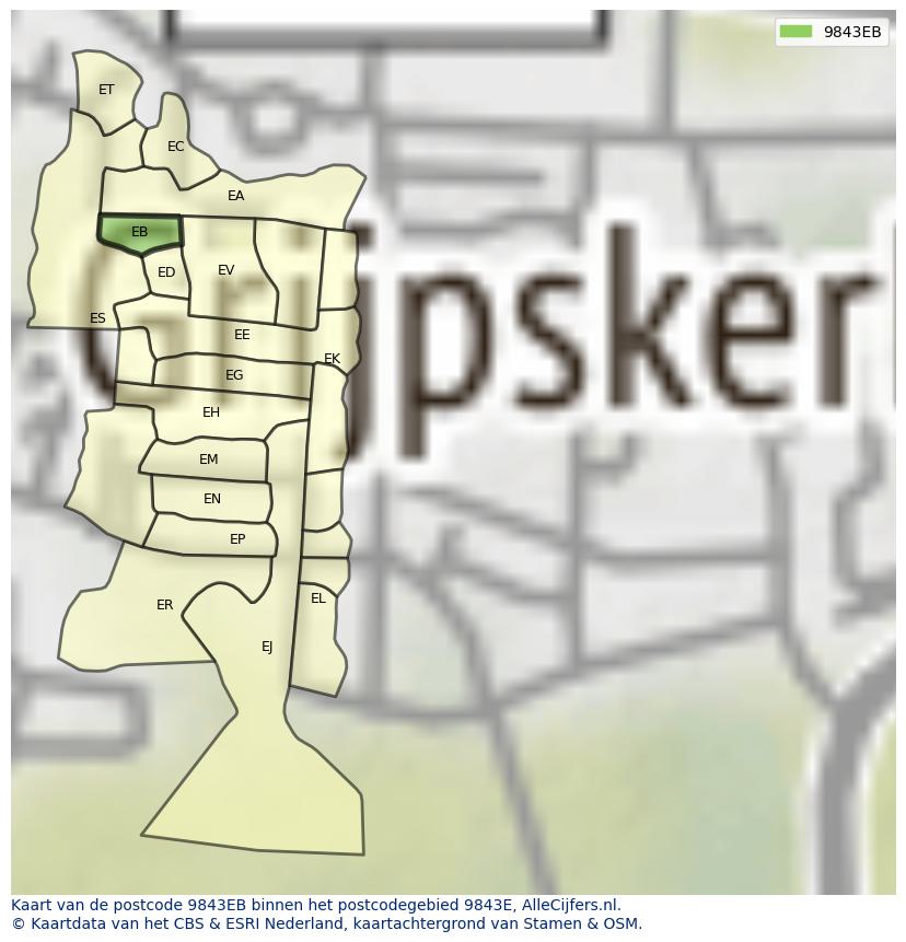 Afbeelding van het postcodegebied 9843 EB op de kaart.