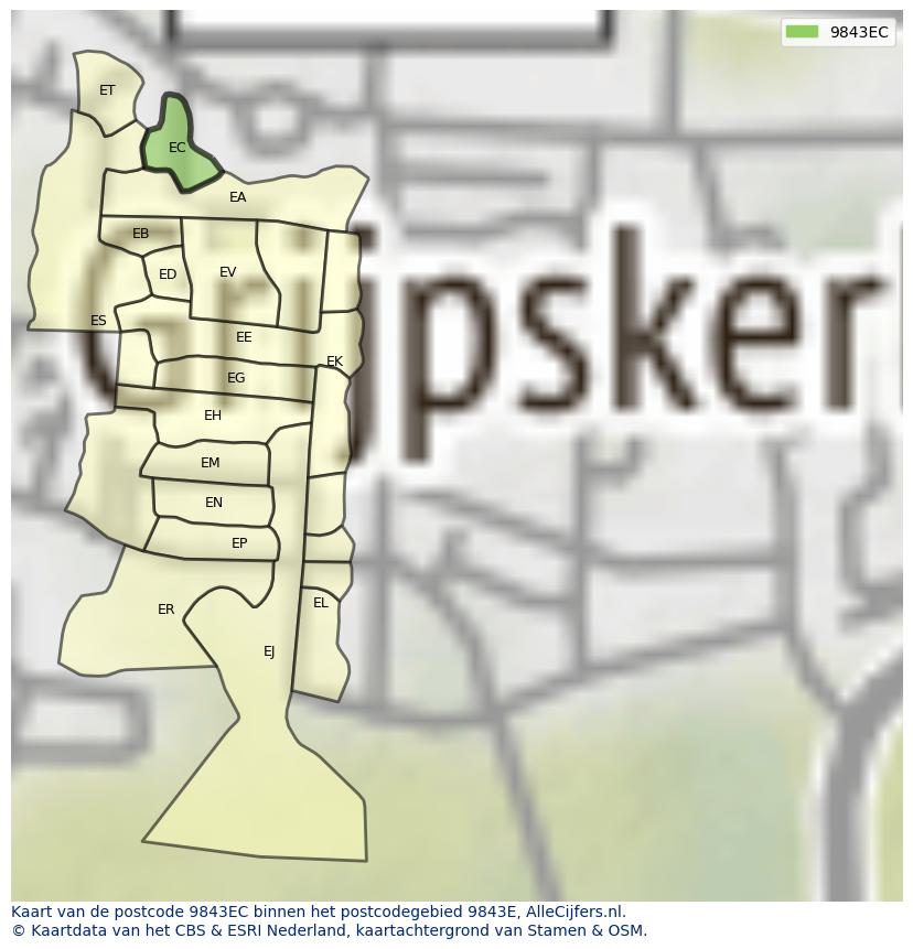 Afbeelding van het postcodegebied 9843 EC op de kaart.