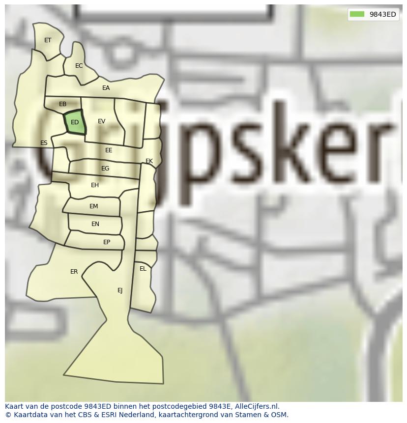 Afbeelding van het postcodegebied 9843 ED op de kaart.