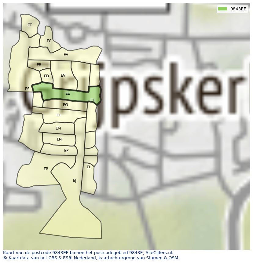 Afbeelding van het postcodegebied 9843 EE op de kaart.