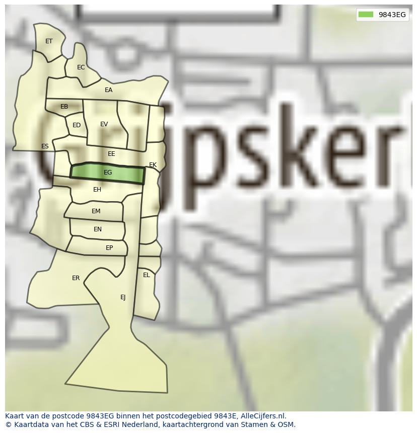 Afbeelding van het postcodegebied 9843 EG op de kaart.