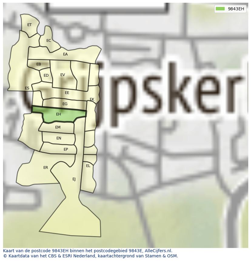 Afbeelding van het postcodegebied 9843 EH op de kaart.
