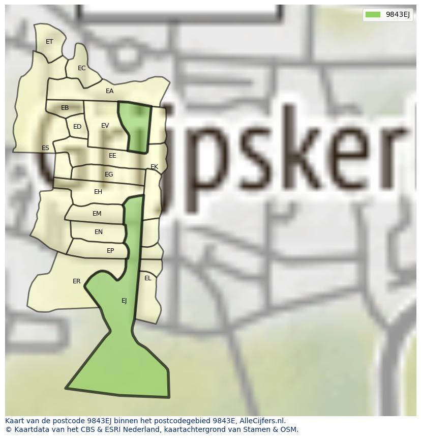 Afbeelding van het postcodegebied 9843 EJ op de kaart.