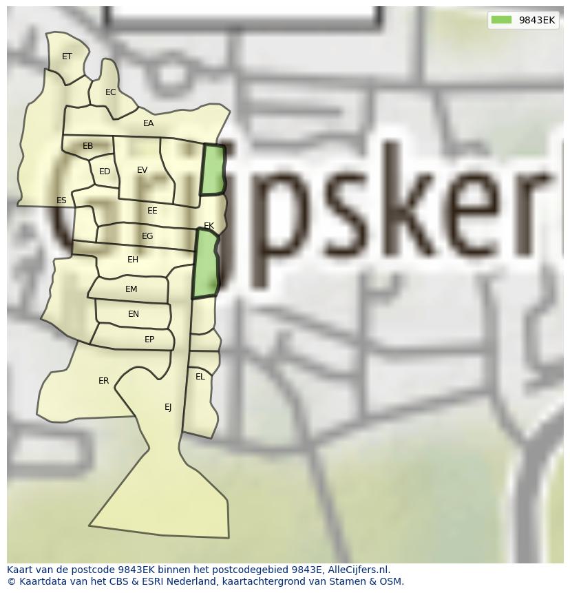 Afbeelding van het postcodegebied 9843 EK op de kaart.