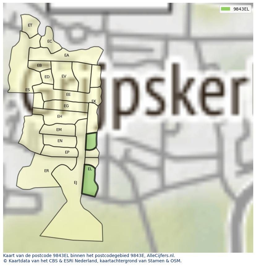 Afbeelding van het postcodegebied 9843 EL op de kaart.