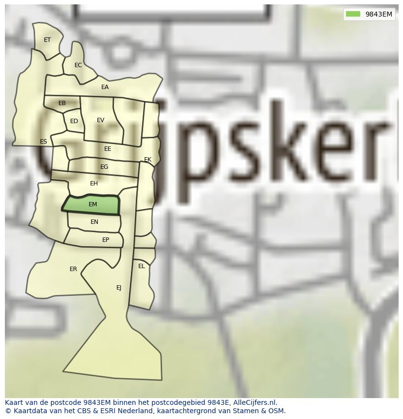 Afbeelding van het postcodegebied 9843 EM op de kaart.