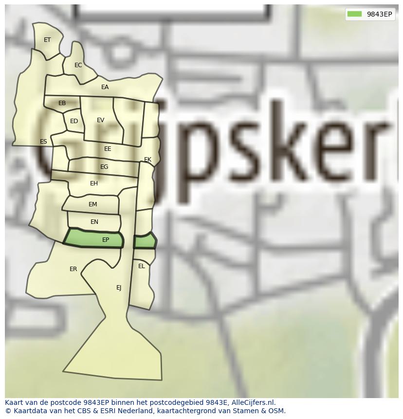 Afbeelding van het postcodegebied 9843 EP op de kaart.