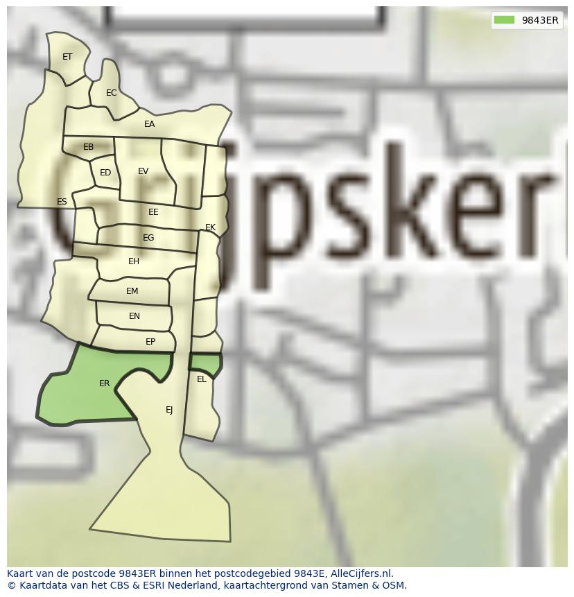 Afbeelding van het postcodegebied 9843 ER op de kaart.
