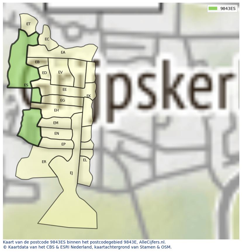 Afbeelding van het postcodegebied 9843 ES op de kaart.