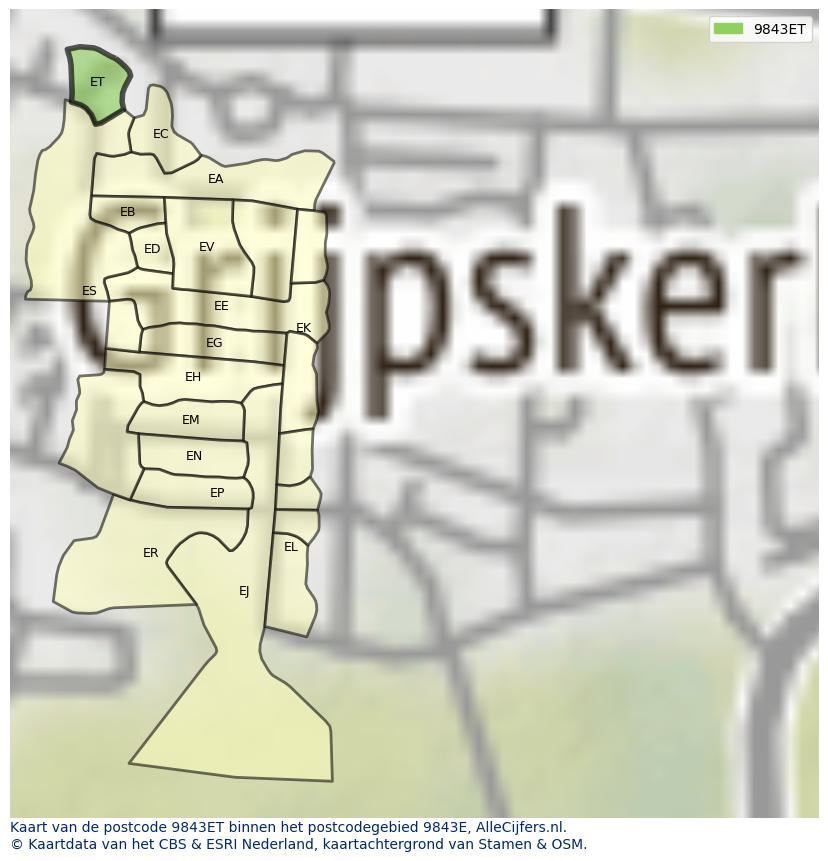 Afbeelding van het postcodegebied 9843 ET op de kaart.