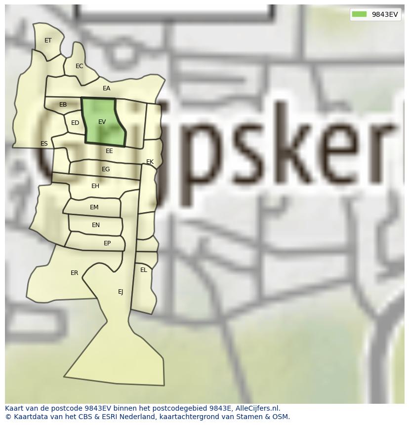 Afbeelding van het postcodegebied 9843 EV op de kaart.