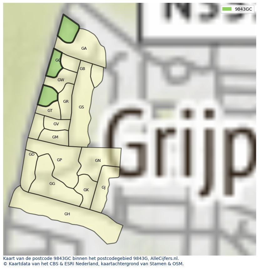Afbeelding van het postcodegebied 9843 GC op de kaart.