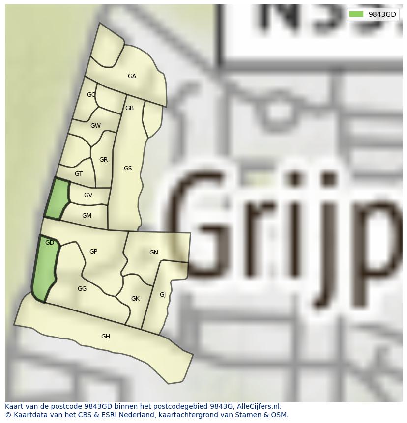 Afbeelding van het postcodegebied 9843 GD op de kaart.
