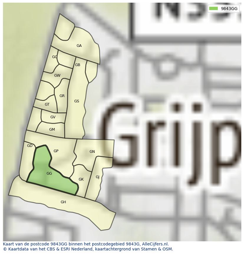 Afbeelding van het postcodegebied 9843 GG op de kaart.