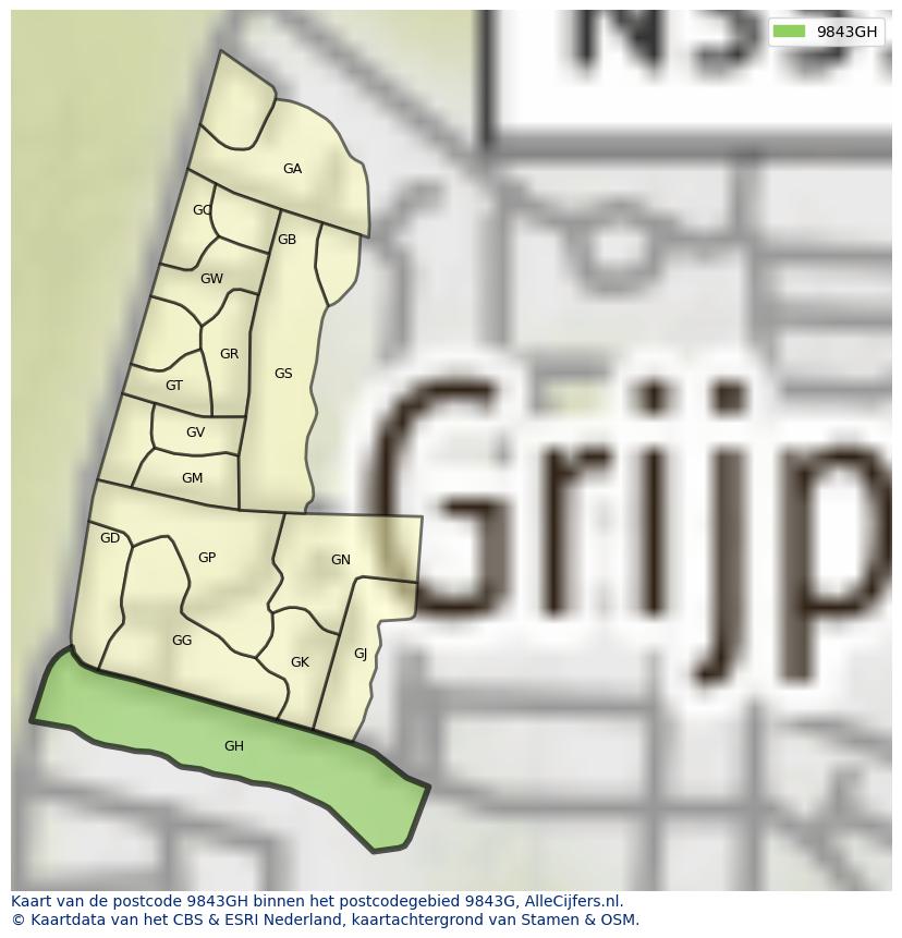 Afbeelding van het postcodegebied 9843 GH op de kaart.