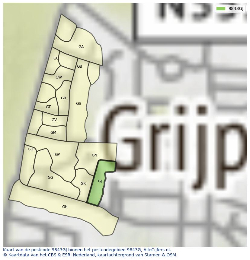 Afbeelding van het postcodegebied 9843 GJ op de kaart.