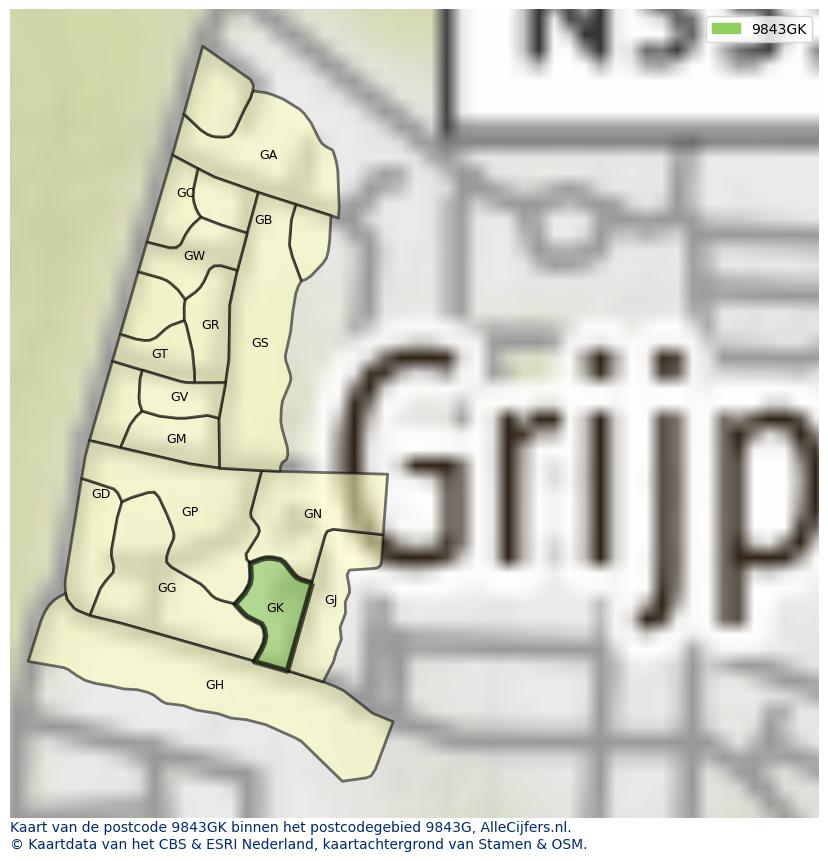 Afbeelding van het postcodegebied 9843 GK op de kaart.