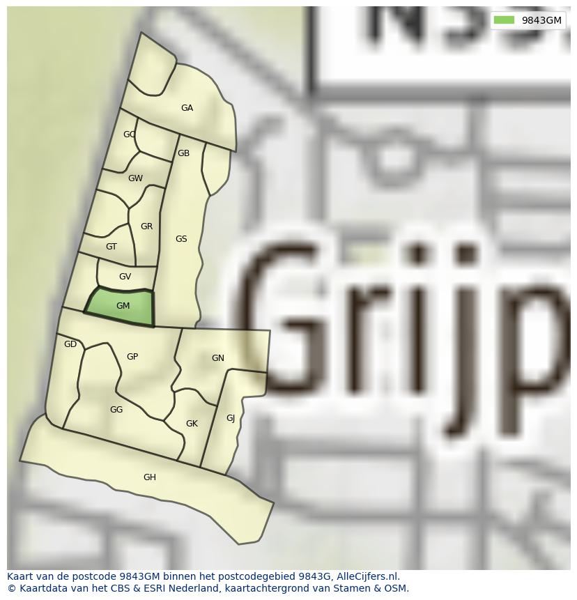 Afbeelding van het postcodegebied 9843 GM op de kaart.