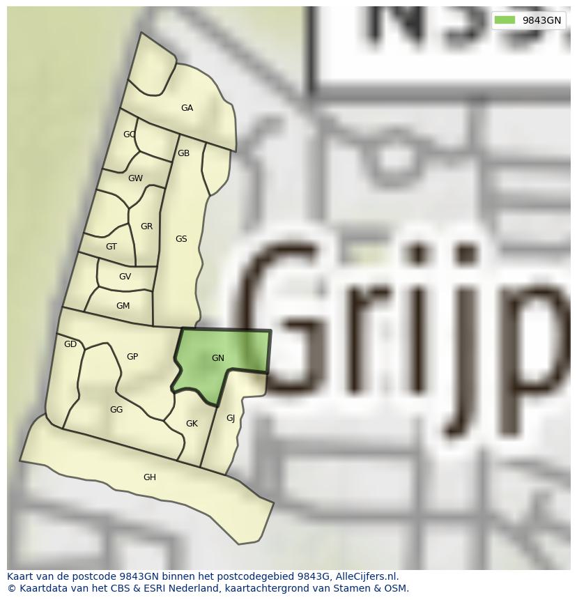 Afbeelding van het postcodegebied 9843 GN op de kaart.