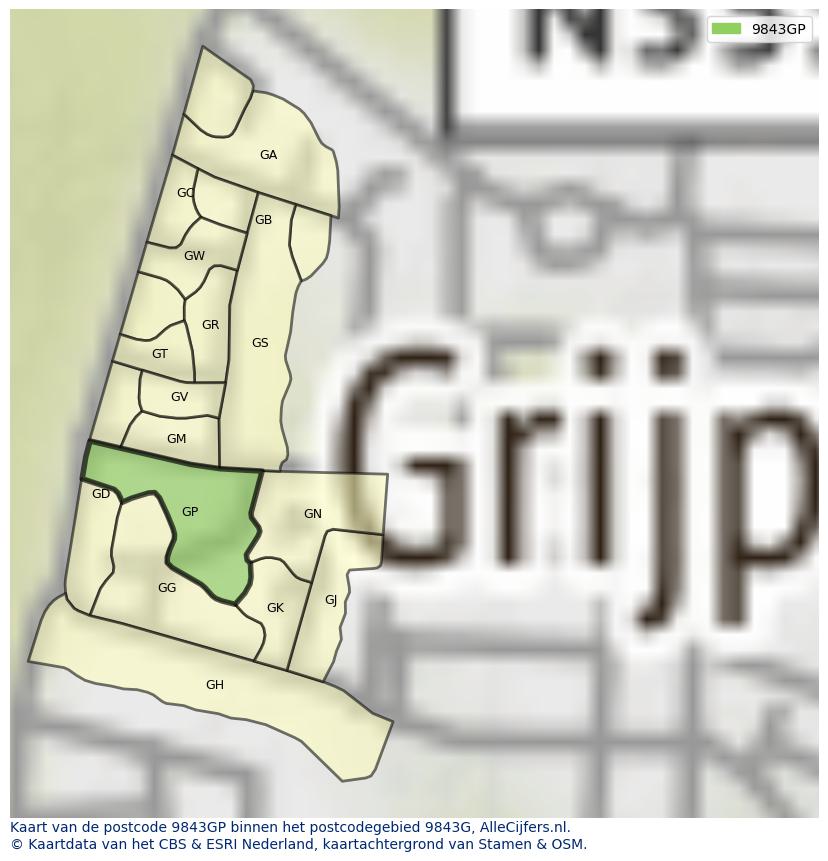 Afbeelding van het postcodegebied 9843 GP op de kaart.