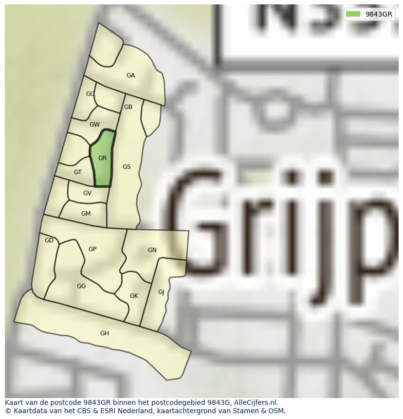 Afbeelding van het postcodegebied 9843 GR op de kaart.
