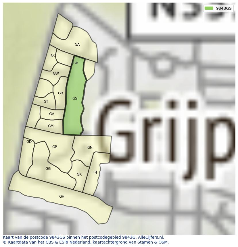 Afbeelding van het postcodegebied 9843 GS op de kaart.