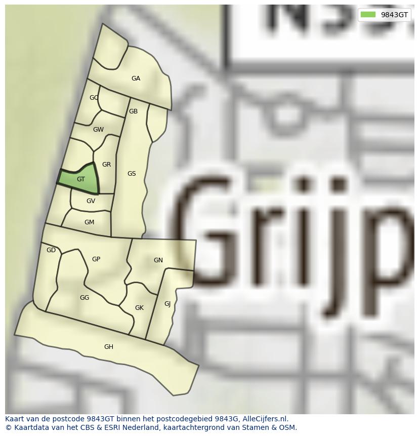 Afbeelding van het postcodegebied 9843 GT op de kaart.