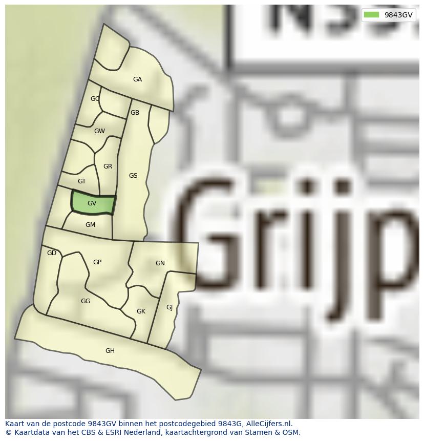 Afbeelding van het postcodegebied 9843 GV op de kaart.