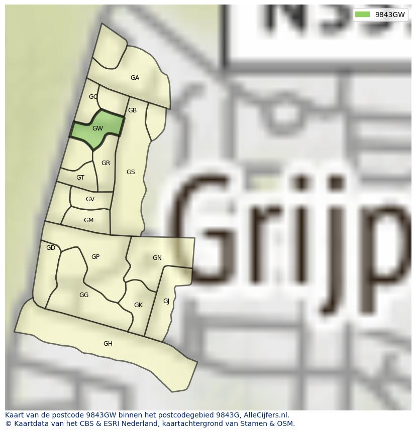 Afbeelding van het postcodegebied 9843 GW op de kaart.