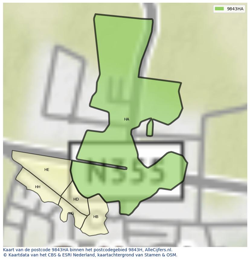 Afbeelding van het postcodegebied 9843 HA op de kaart.