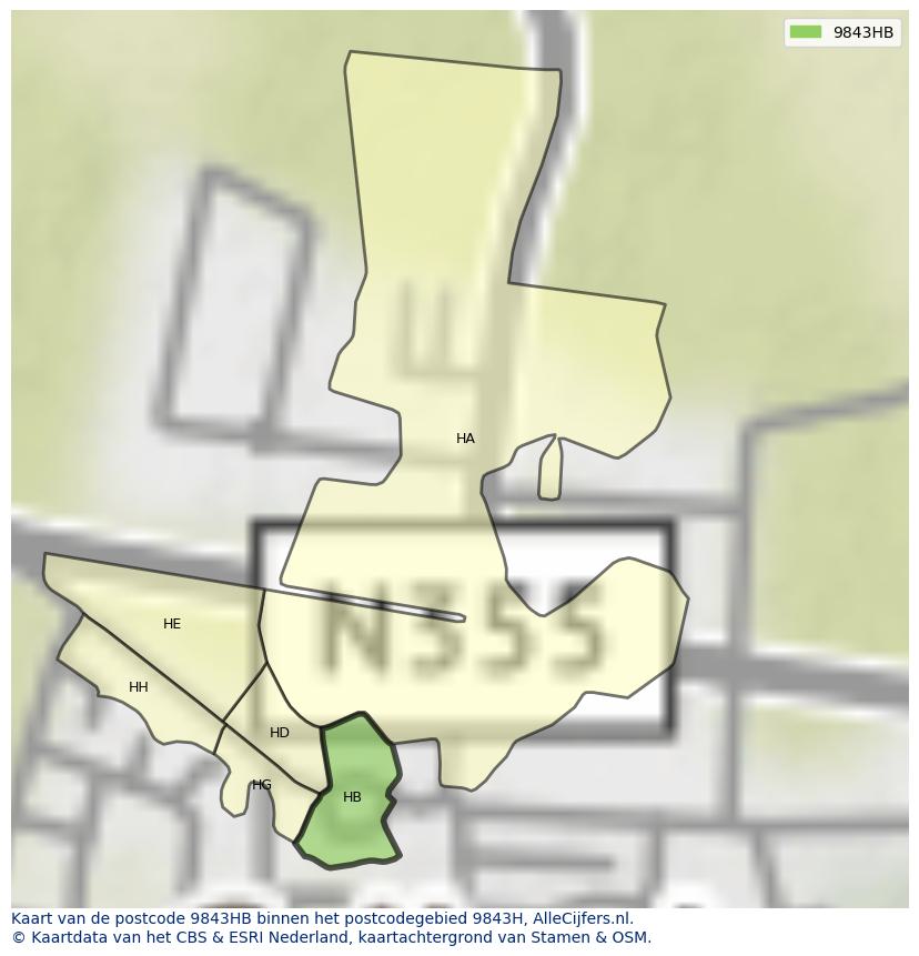 Afbeelding van het postcodegebied 9843 HB op de kaart.