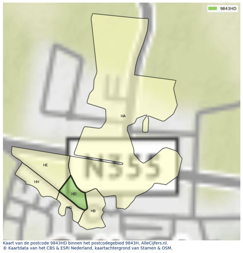 Afbeelding van het postcodegebied 9843 HD op de kaart.