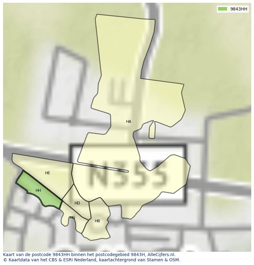 Afbeelding van het postcodegebied 9843 HH op de kaart.