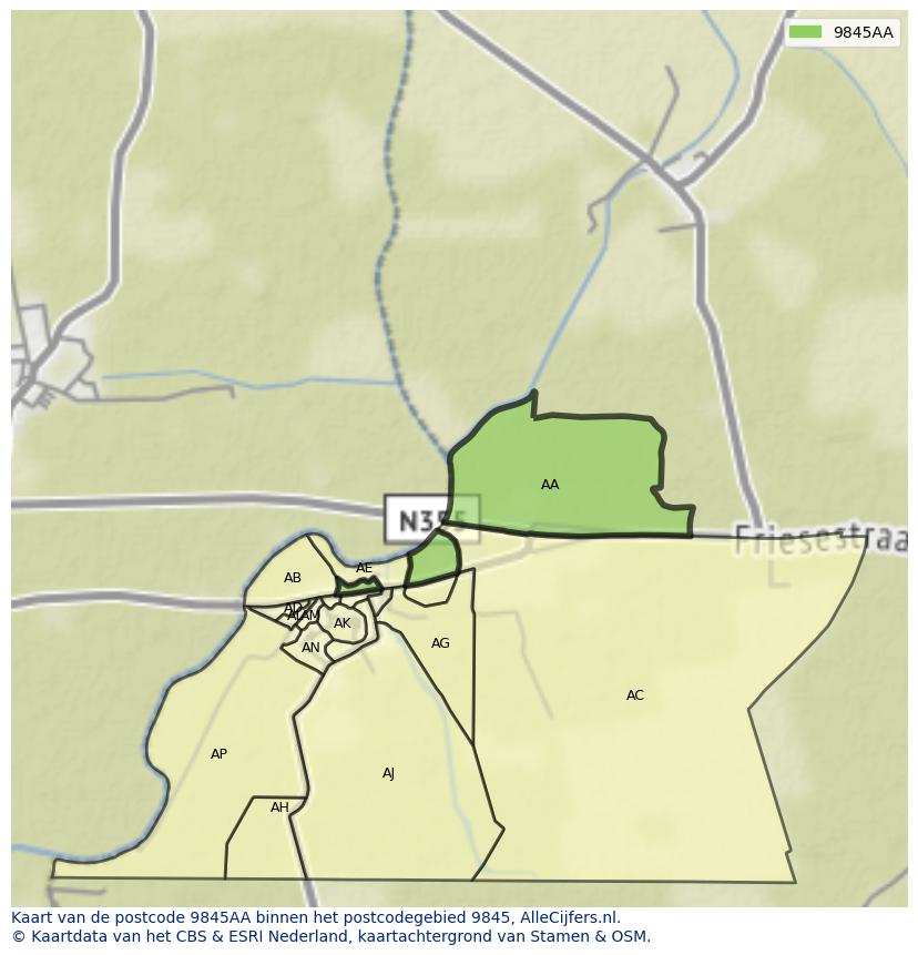 Afbeelding van het postcodegebied 9845 AA op de kaart.