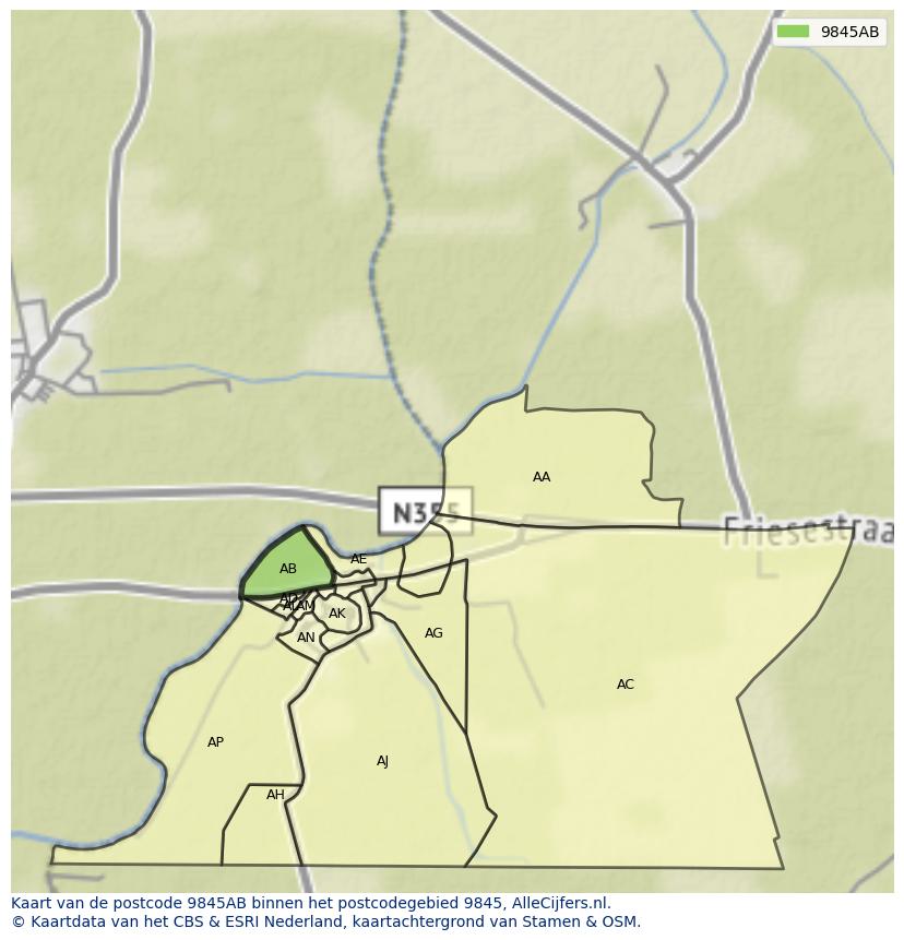 Afbeelding van het postcodegebied 9845 AB op de kaart.