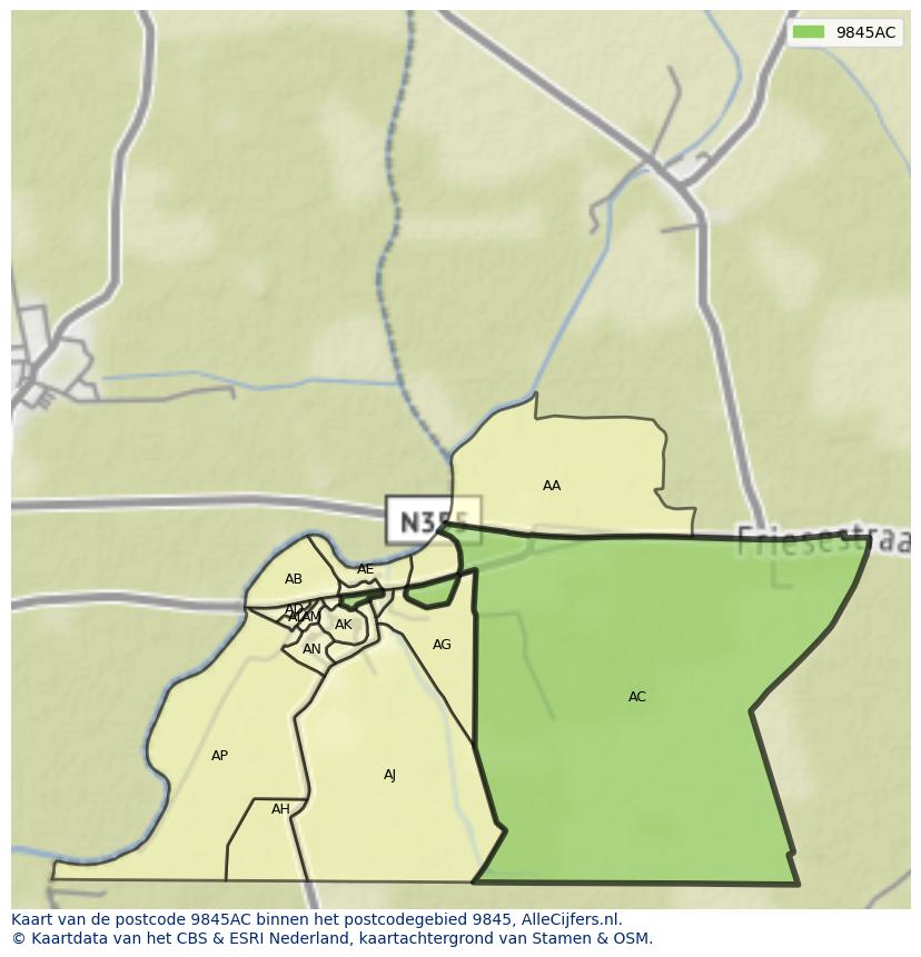 Afbeelding van het postcodegebied 9845 AC op de kaart.