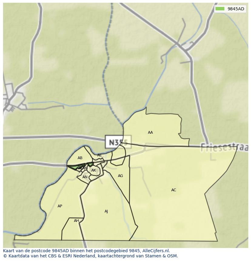 Afbeelding van het postcodegebied 9845 AD op de kaart.