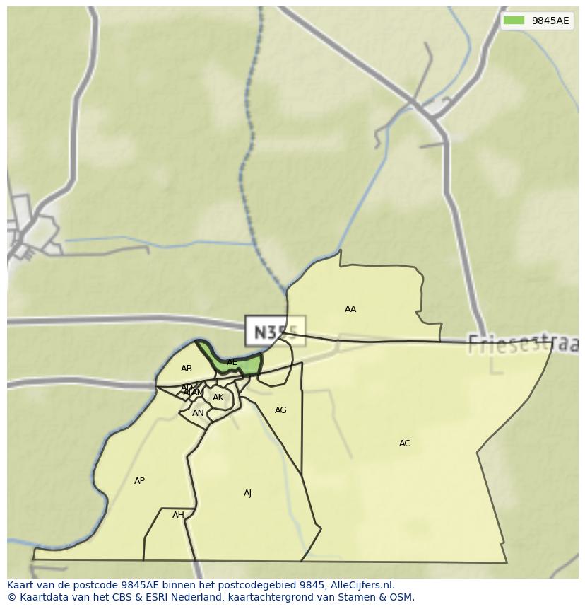 Afbeelding van het postcodegebied 9845 AE op de kaart.