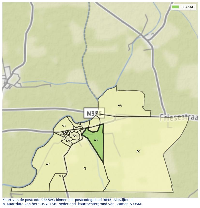 Afbeelding van het postcodegebied 9845 AG op de kaart.