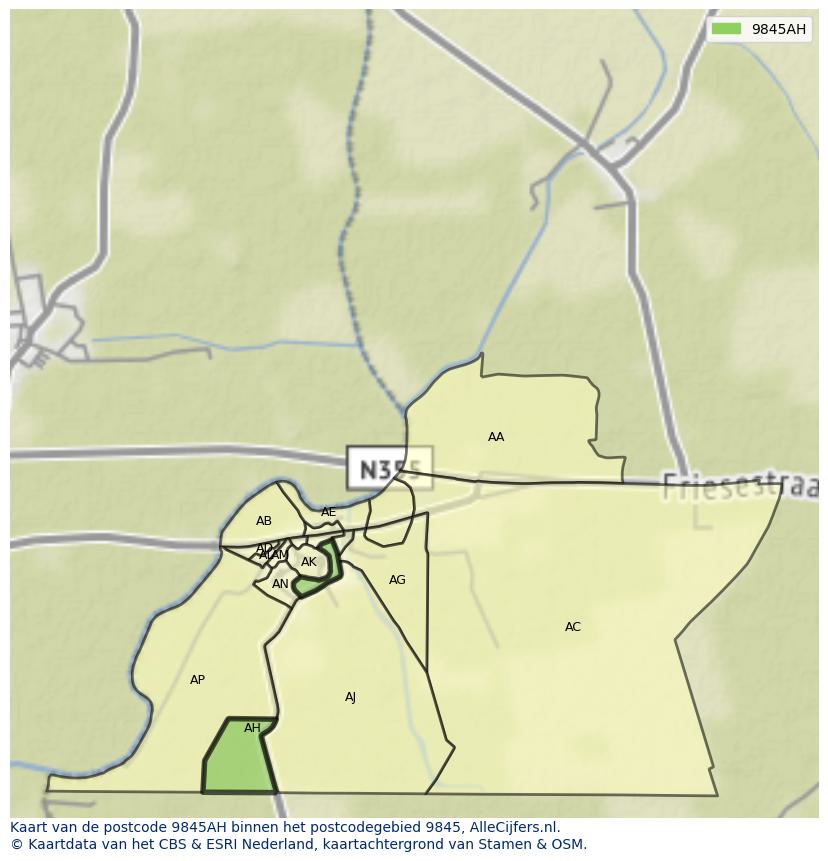 Afbeelding van het postcodegebied 9845 AH op de kaart.