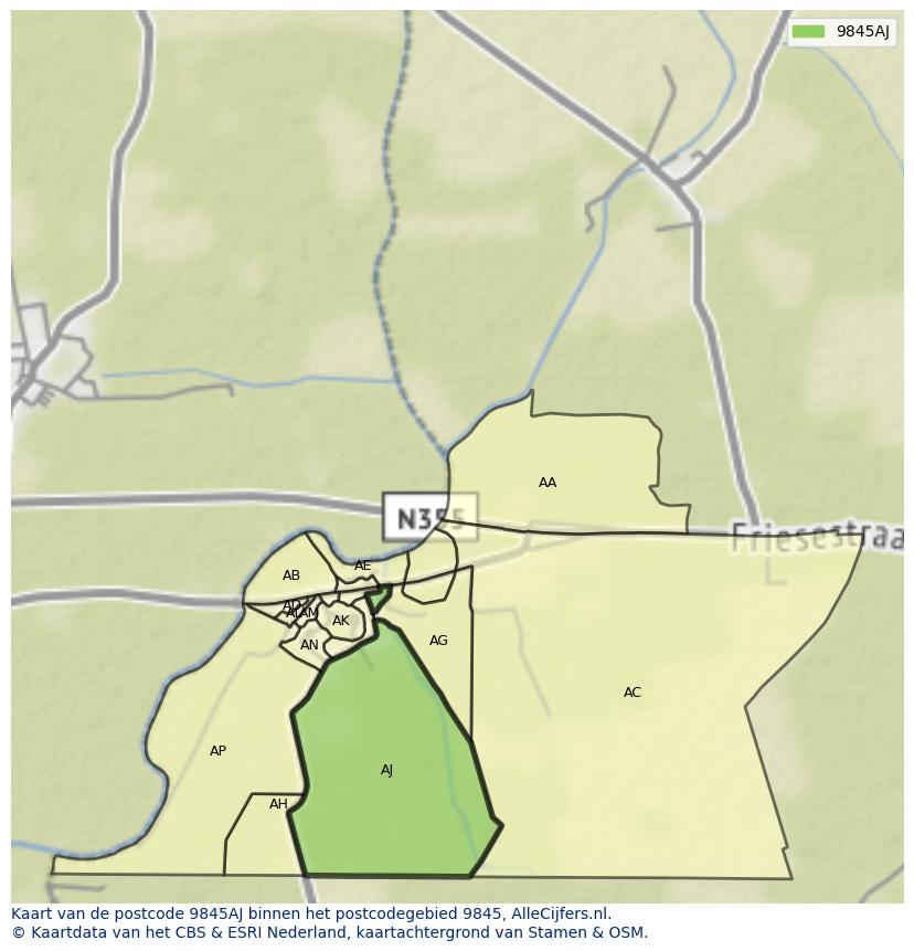 Afbeelding van het postcodegebied 9845 AJ op de kaart.