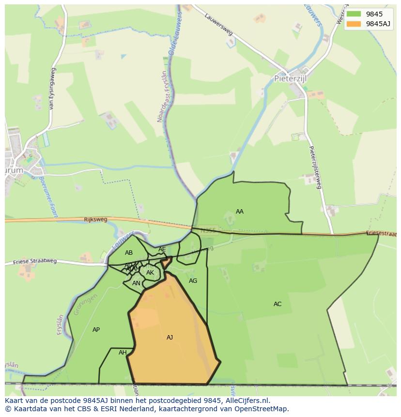 Afbeelding van het postcodegebied 9845 AJ op de kaart.