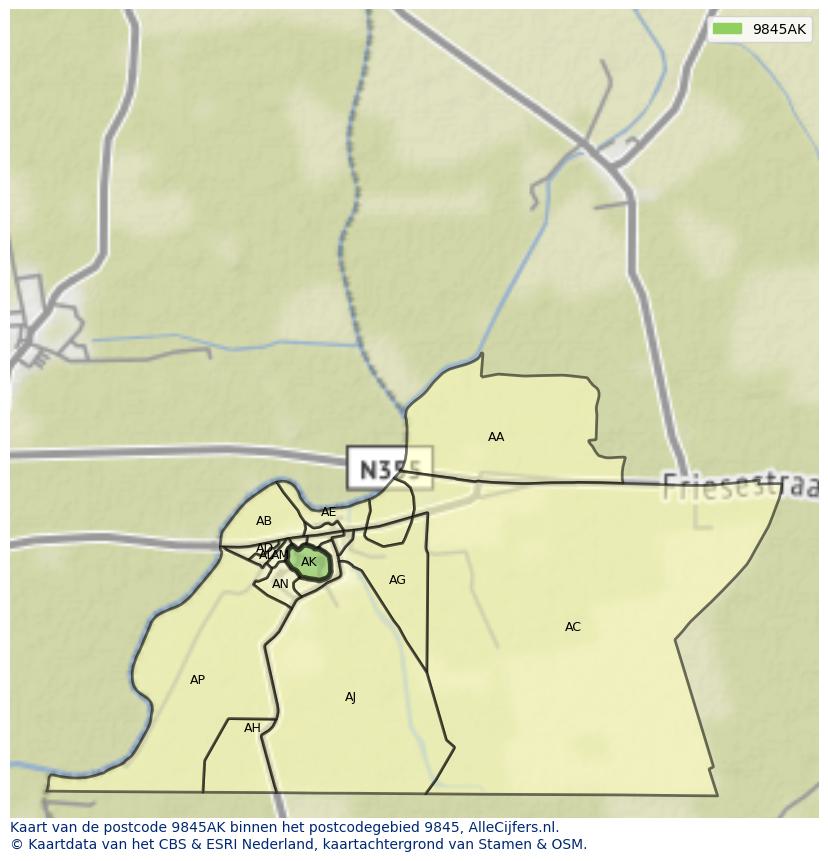 Afbeelding van het postcodegebied 9845 AK op de kaart.