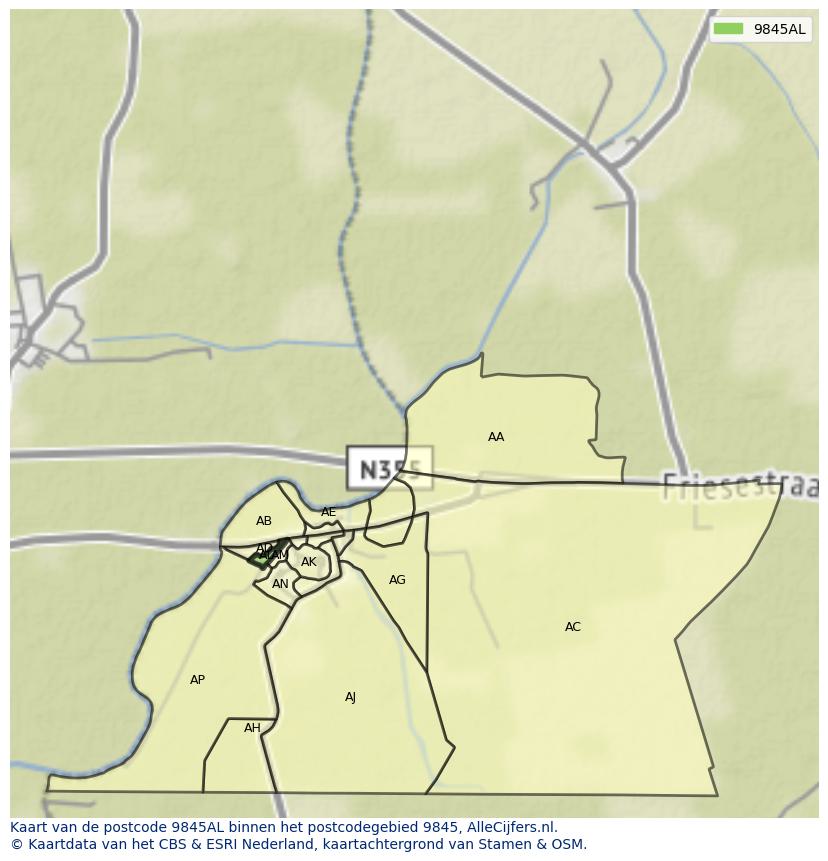 Afbeelding van het postcodegebied 9845 AL op de kaart.