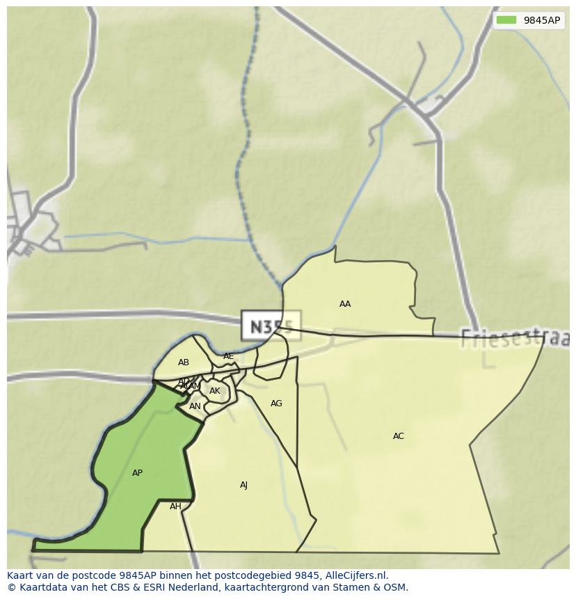 Afbeelding van het postcodegebied 9845 AP op de kaart.
