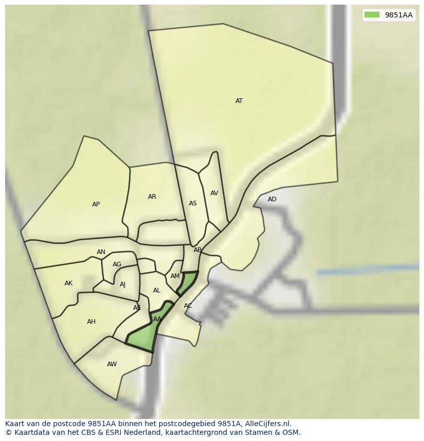 Afbeelding van het postcodegebied 9851 AA op de kaart.